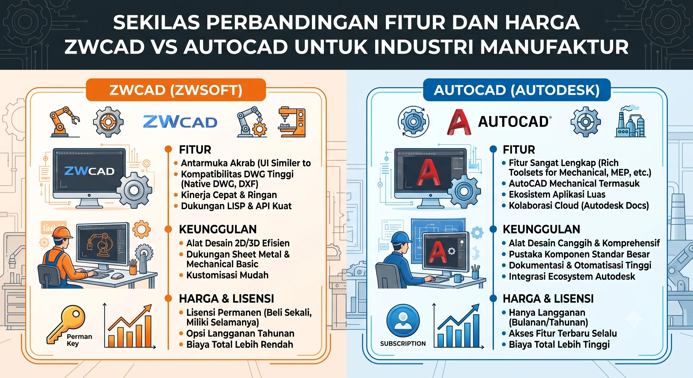 Sekilas Perbandingan Fitur dan Harga ZWCAD vs AutoCAD Untuk Industri Manufaktur